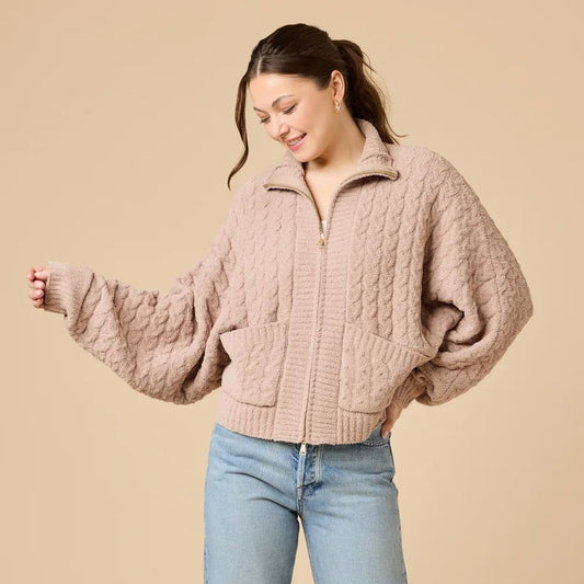 Cable Knit Marshmallow Funnel Neck Double Zip Jacket Almond