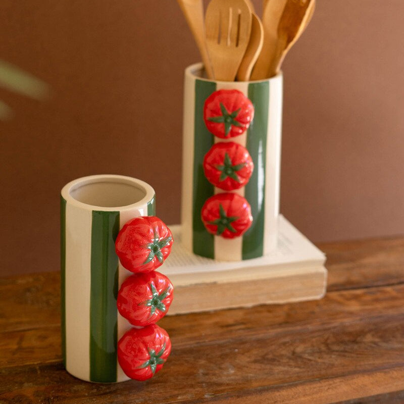 Ceramic Green Striped Vases with Tomatoes