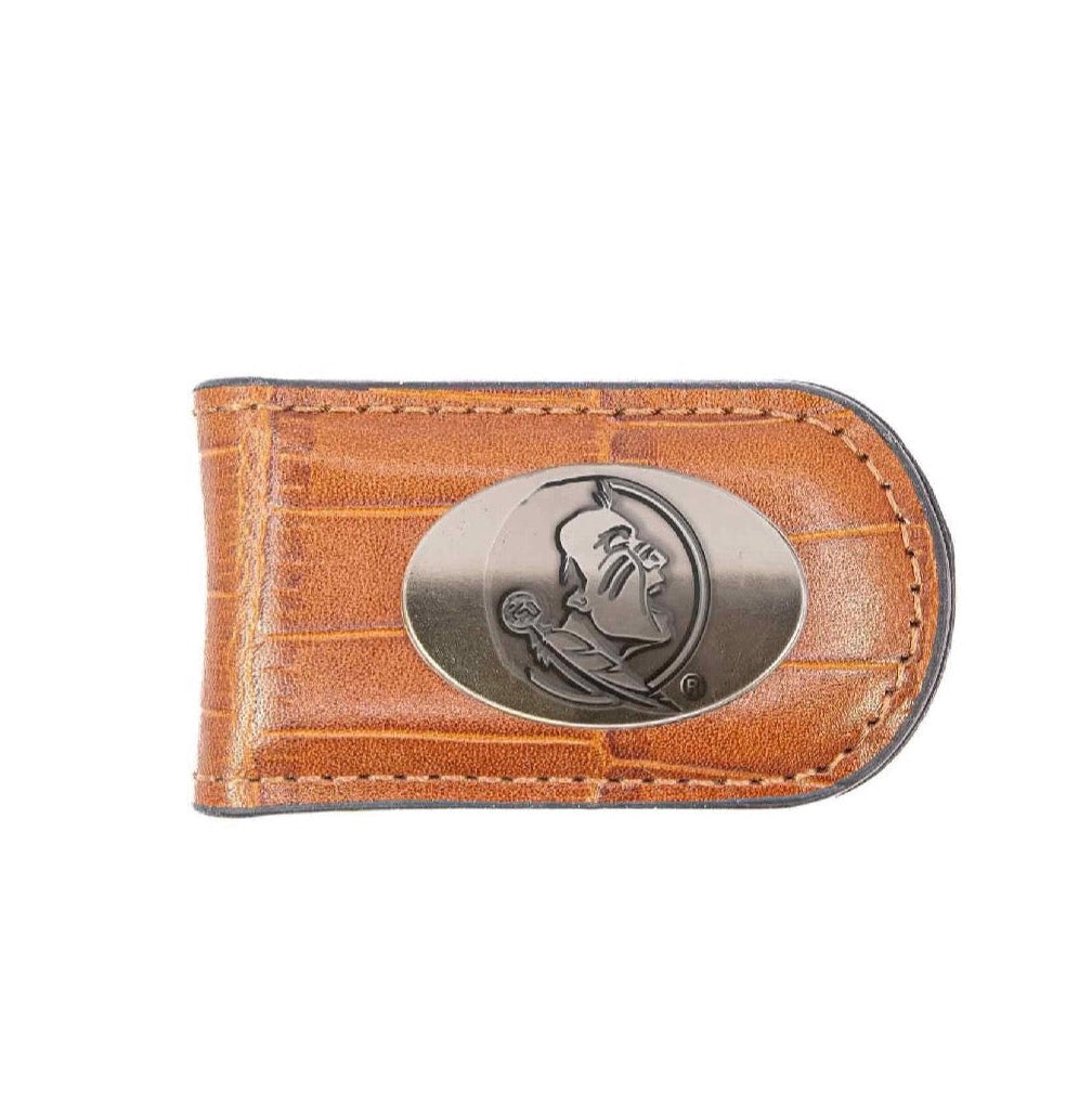 Florida State Seminoles Leather Magnetic Money Clip Wallet: Croc Tan