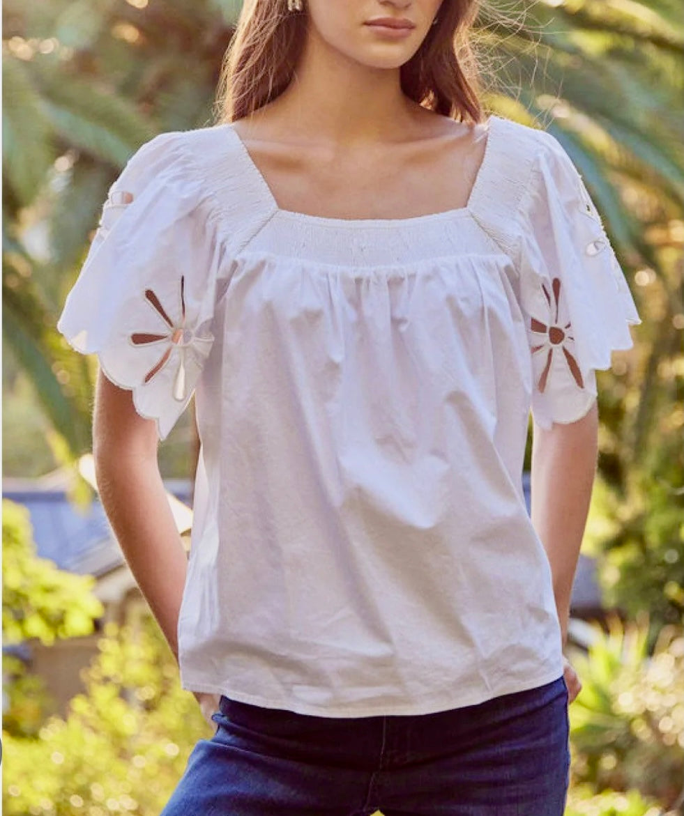 Solid Smocked Neck Top- Off White