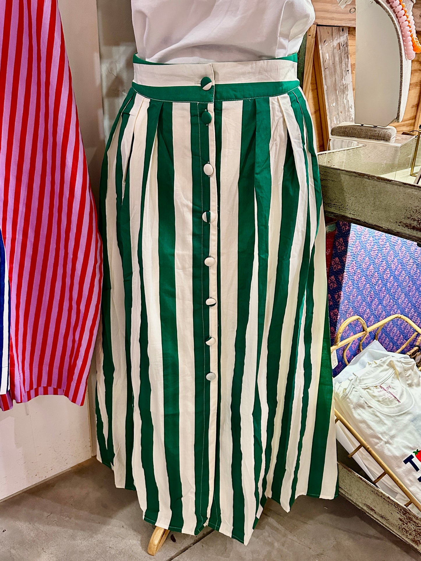 Green and Ivory Striped Midi Skirt