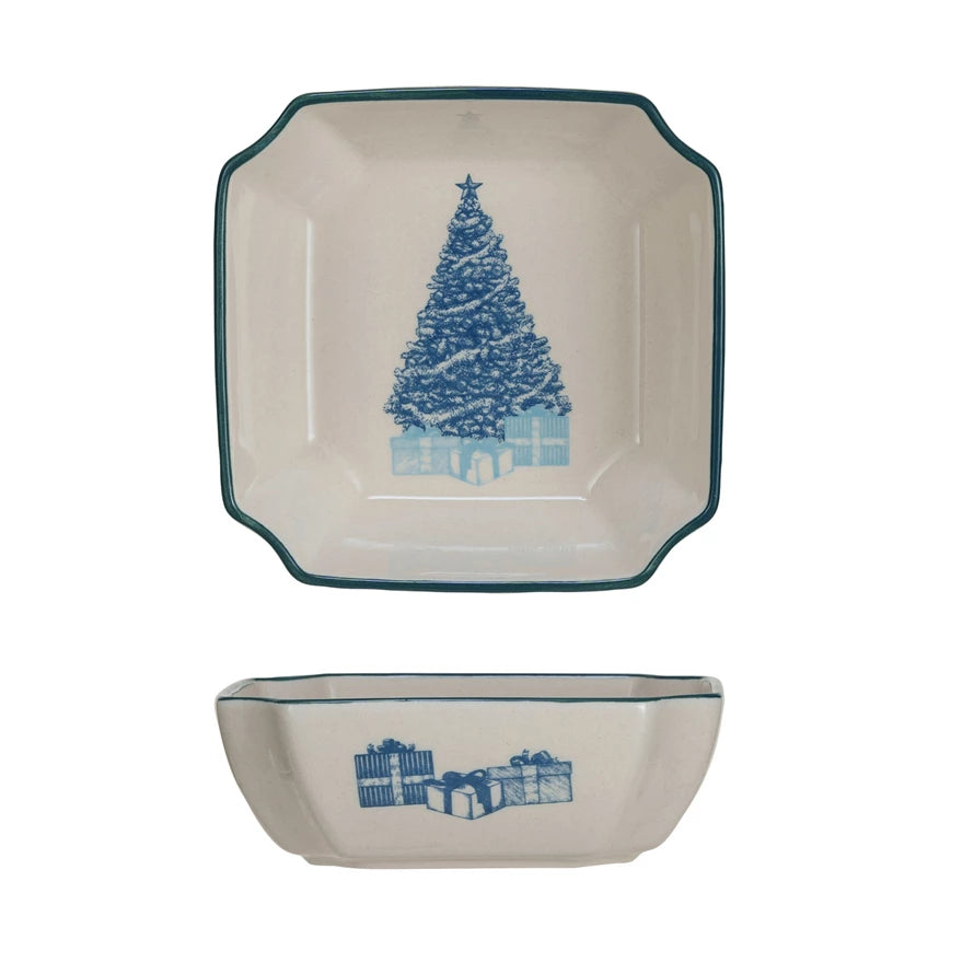 Stoneware Bowl w Blue Christmas Tree