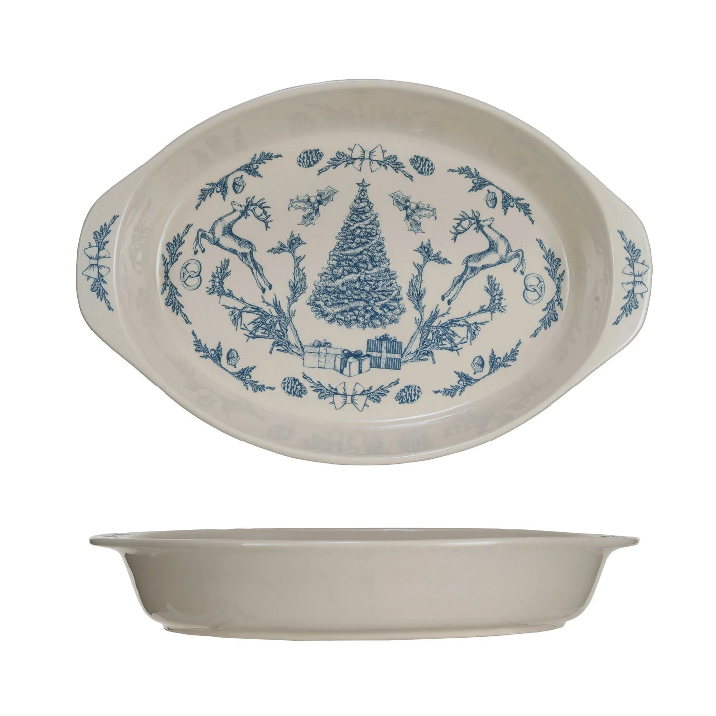 Stoneware Baker w Blue Christmas Tree