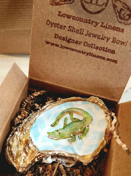 Alligator- Designer Oyster shell Jewelry Bowl Watercolor