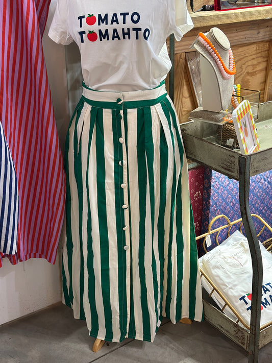 Green and Ivory Striped Midi Skirt