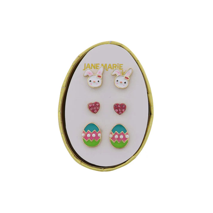 Bunny, Pink Heart, Colorful Egg Earring