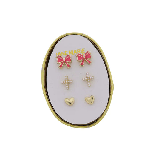 Pink Bow, Pearl Cross, Gold Heart Earring