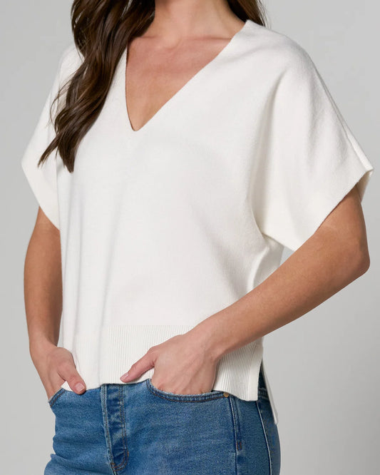 Short Sleeve V-Neck Dolman Popover Sweater w/Step Hem Cream