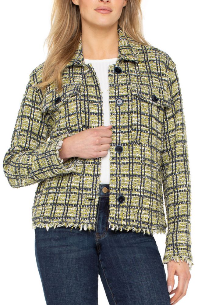 Cargo Shacket with Fray Green Multi Plaid