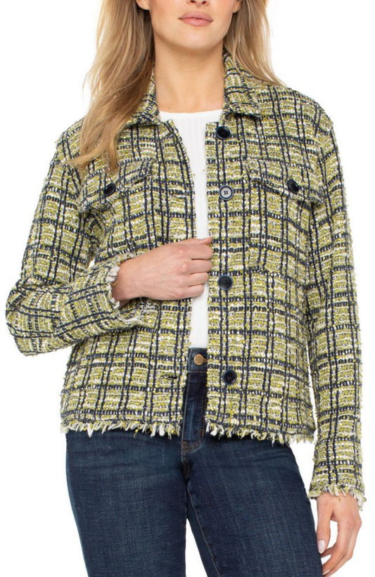 Cargo Shacket with Fray Green Multi Plaid