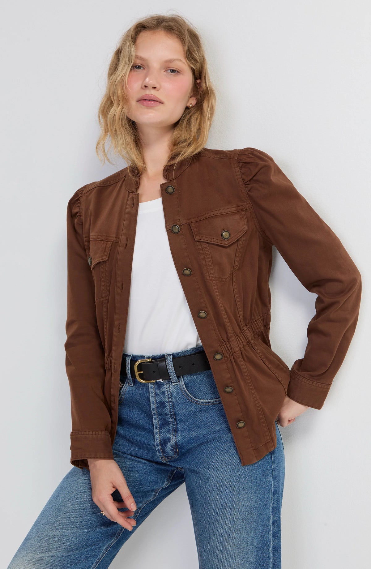Puff Sleeve Trucker Jacket W/ Ruffle Collar