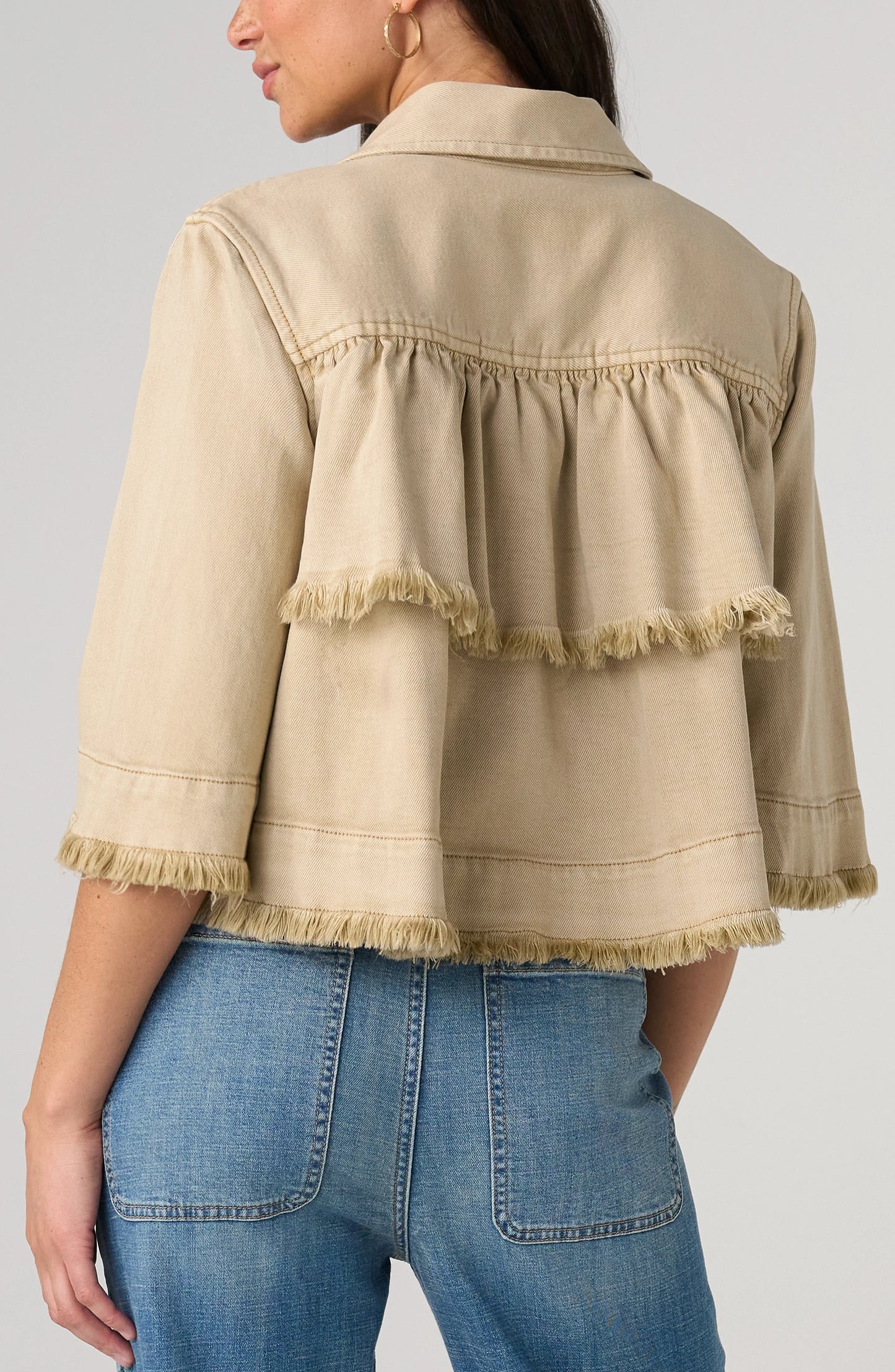 3/4 Sleeve Frayed Flounce Jacket- Light Khaki
