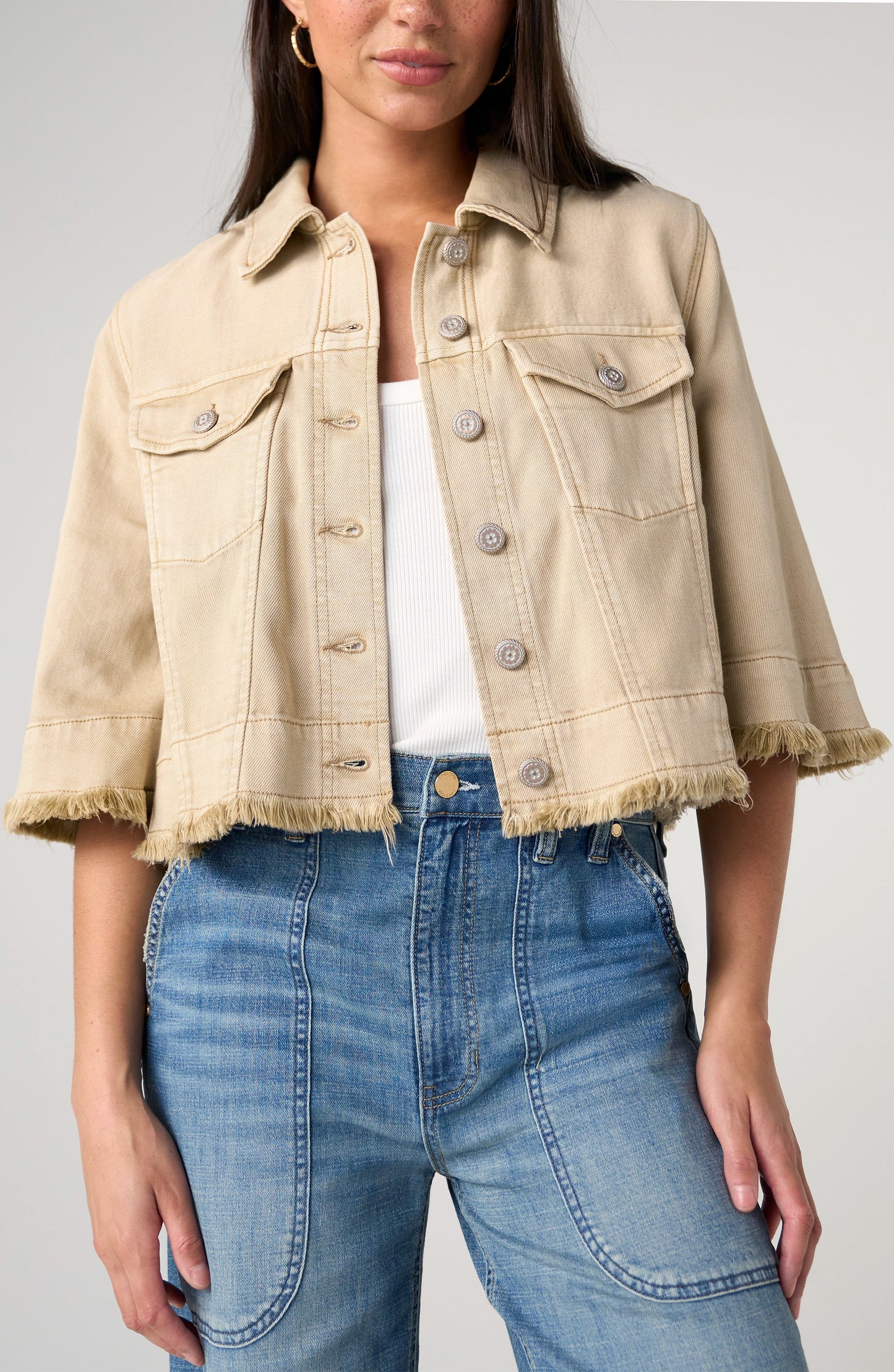 3/4 Sleeve Frayed Flounce Jacket- Light Khaki
