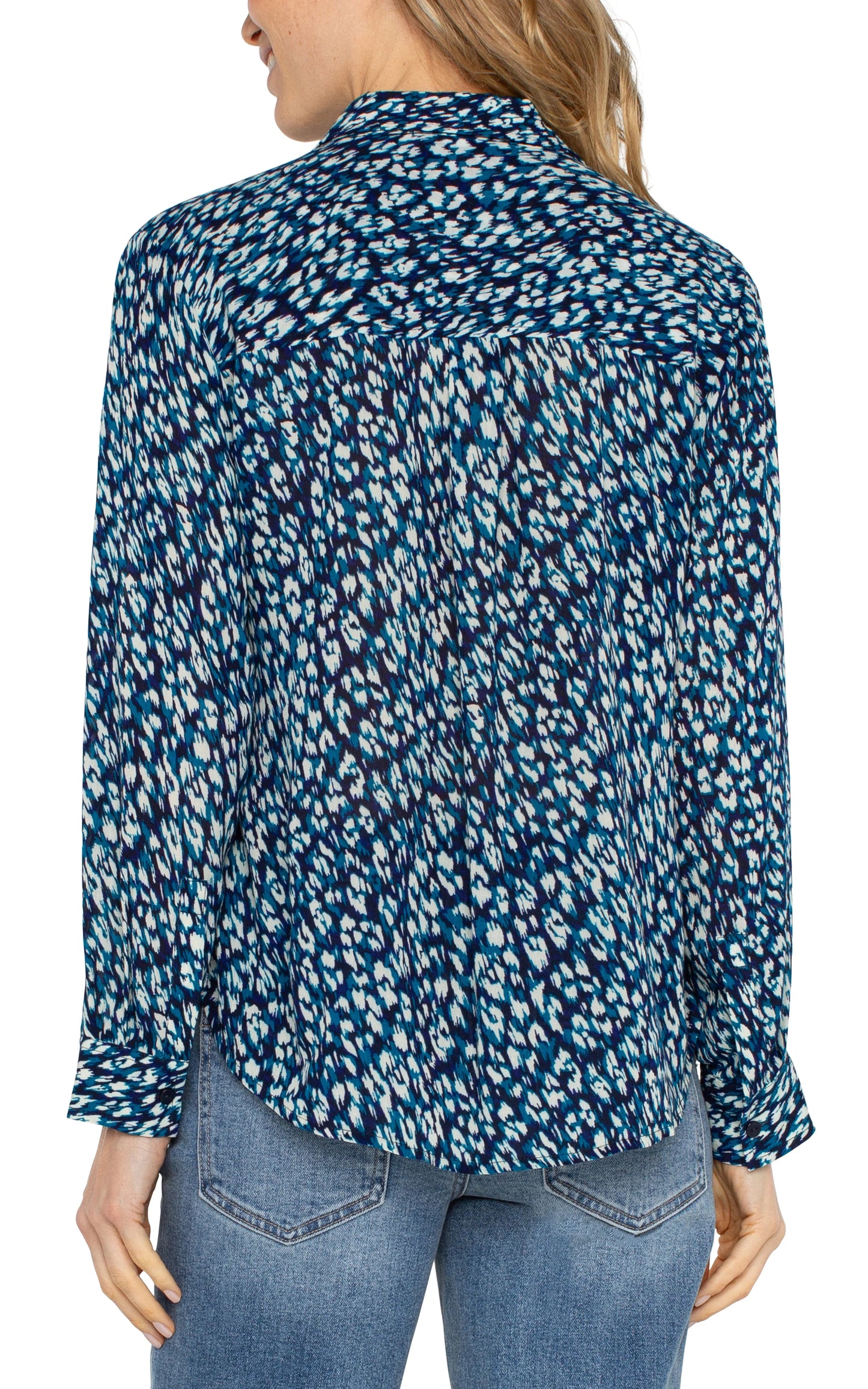 Button Up Woven Blouse-Blue Topaz Animal