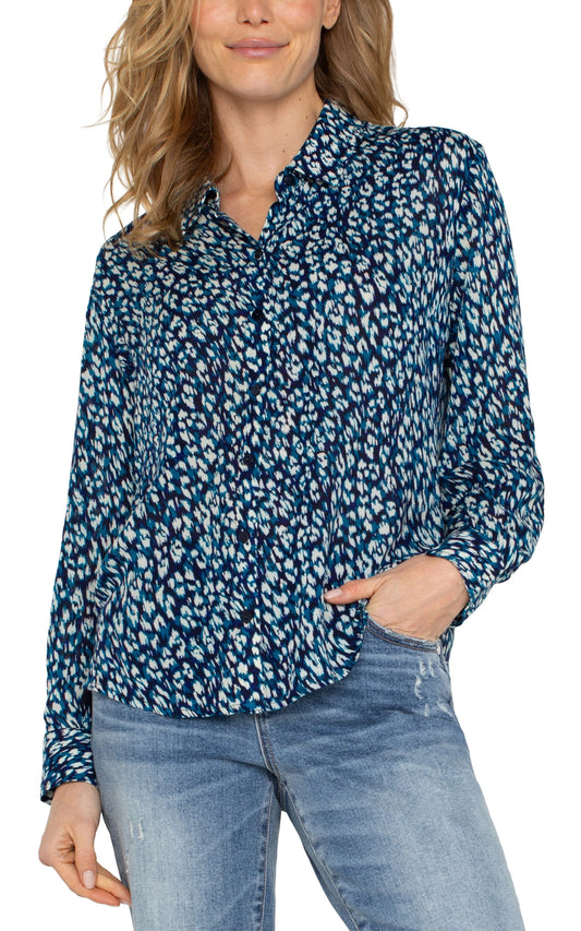 Button Up Woven Blouse-Blue Topaz Animal