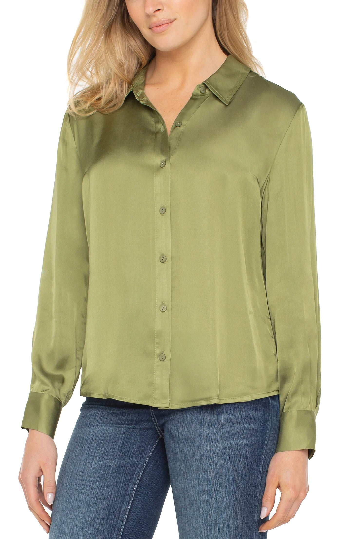 Long Sleeve Button Front Woven Shirt Artichoke