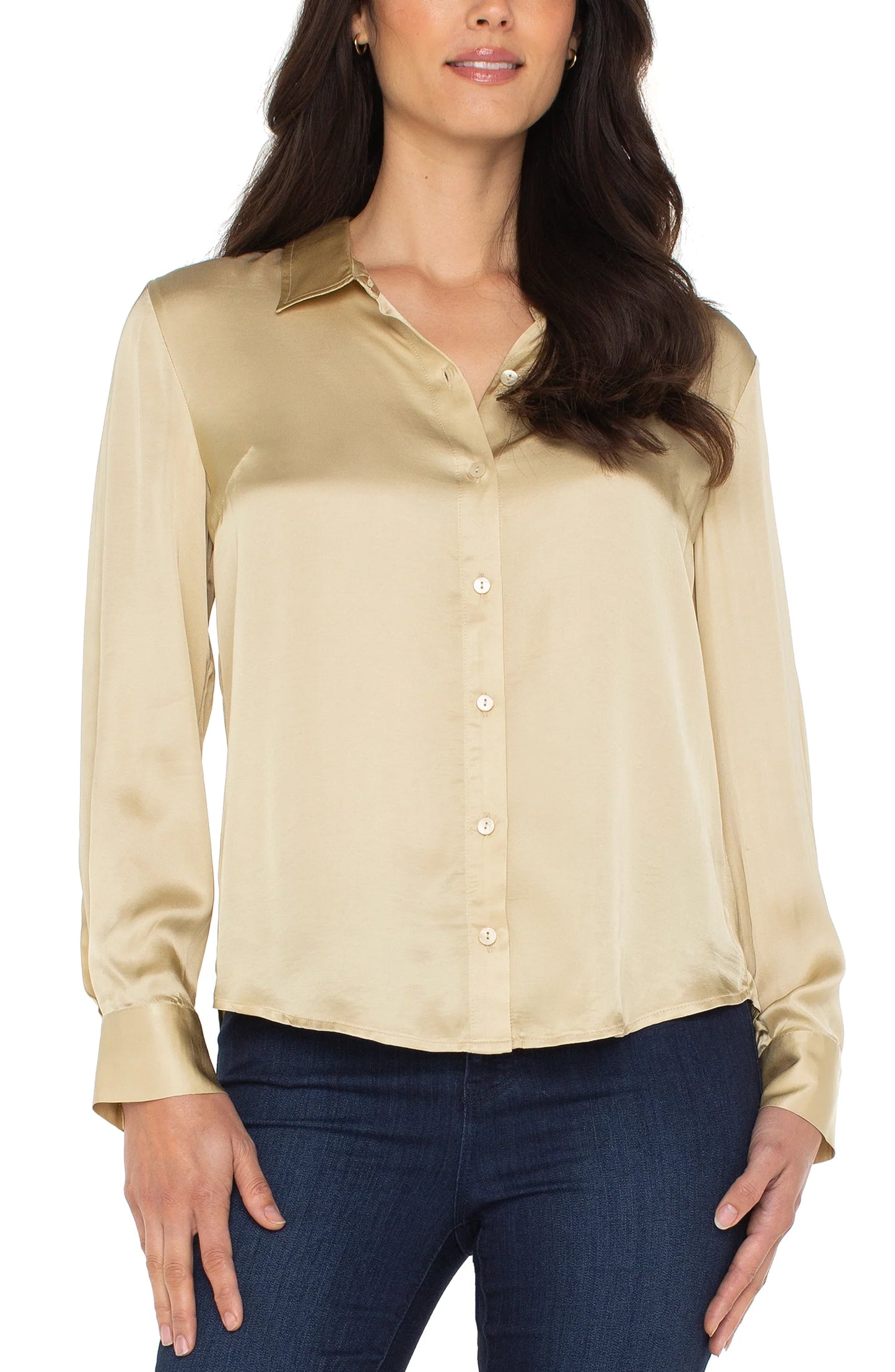 Long Sleeve Button Front Woven Shirt Pale Gold