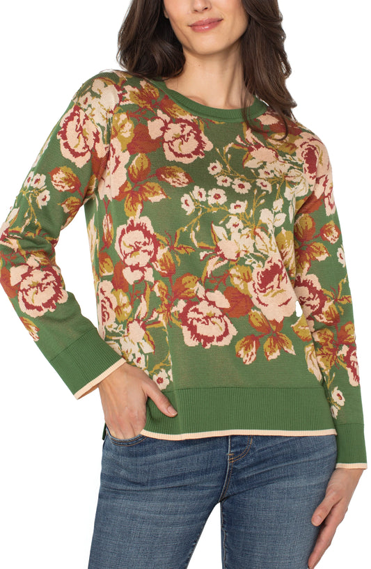 Long Sleeve Crew Neck Sweater Green Multi Floral