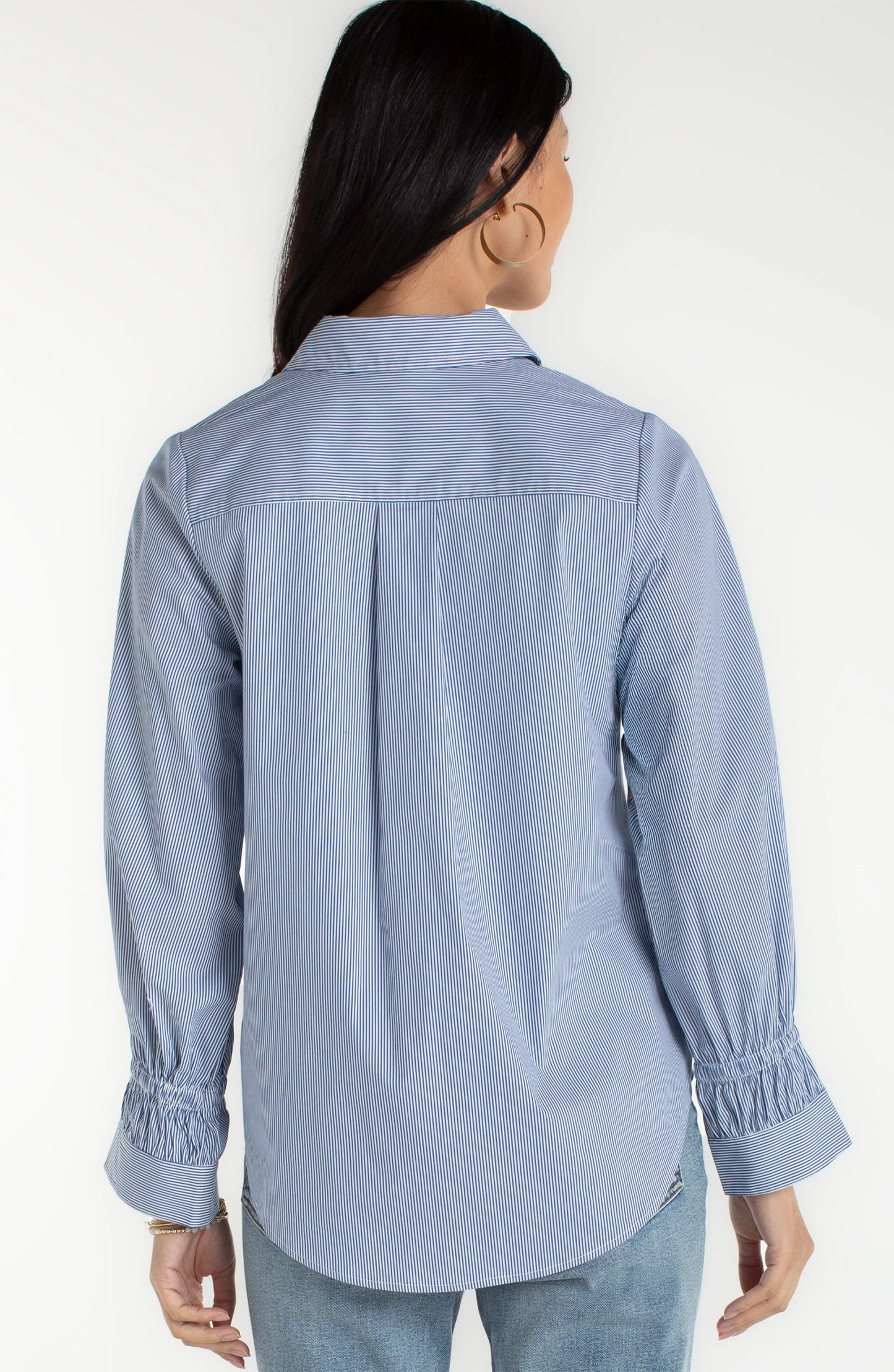 Adjustable Sleeve Button Front Woven Top- Blue White Stripe