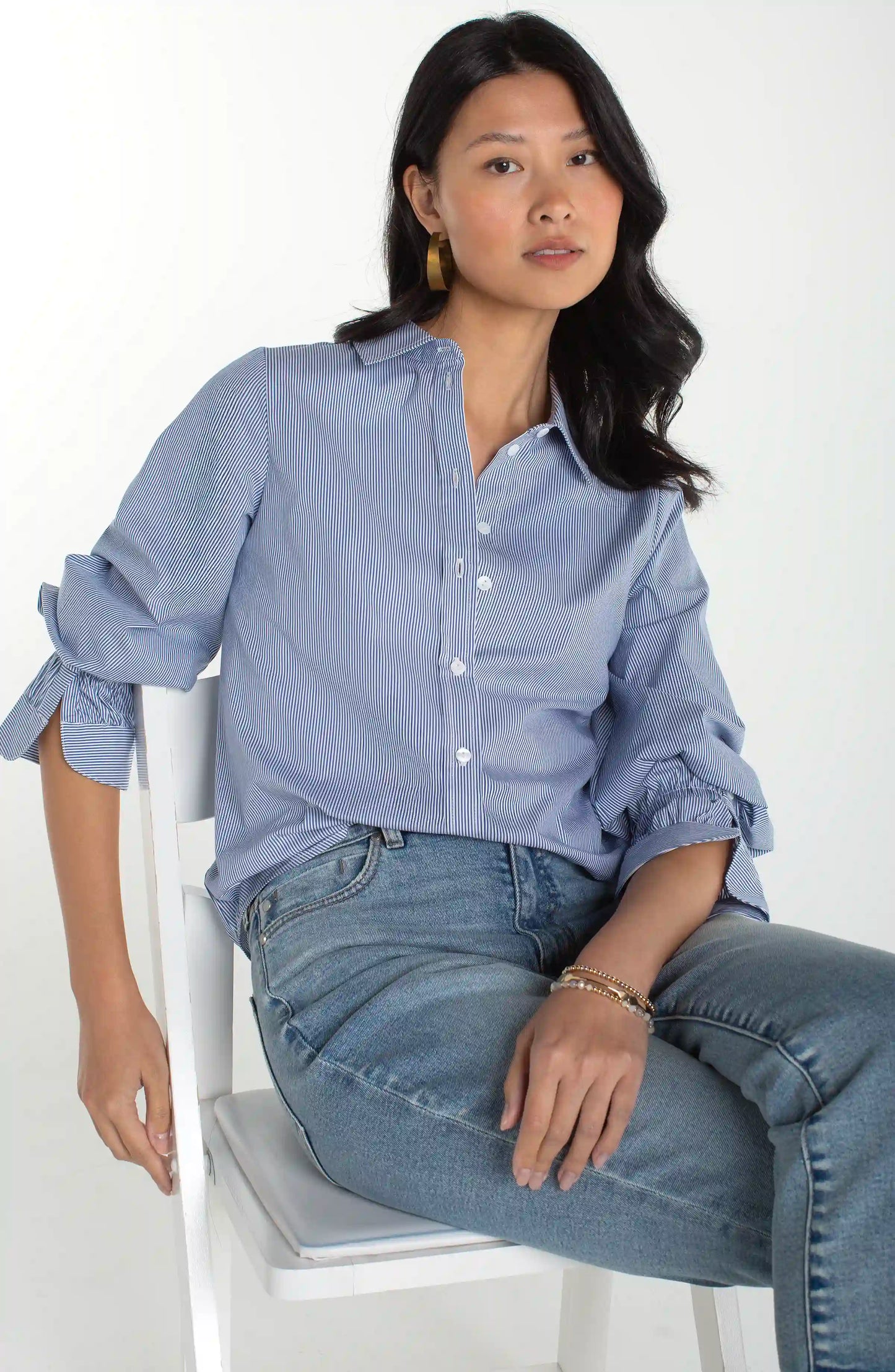 Adjustable Sleeve Button Front Woven Top- Blue White Stripe