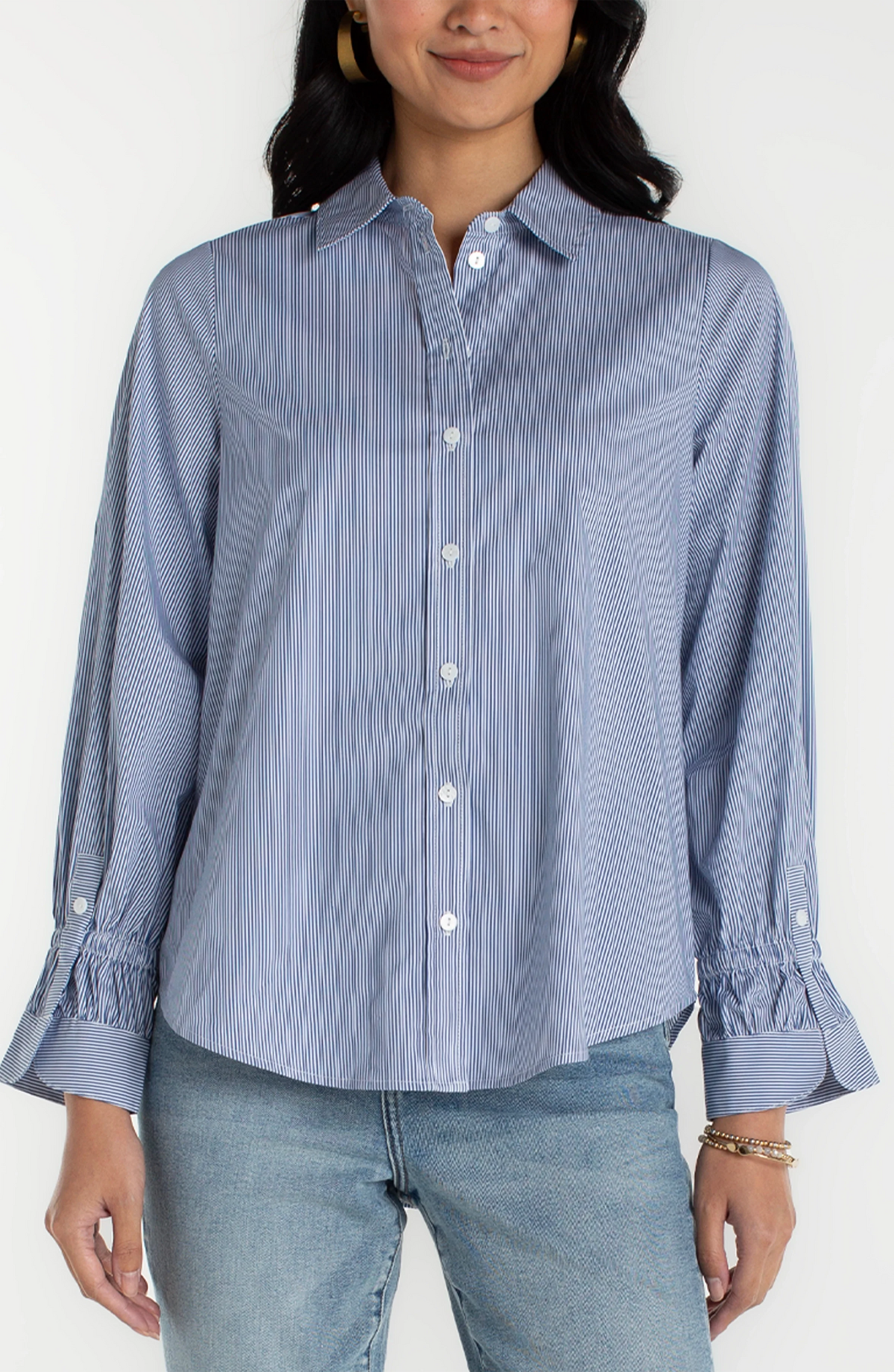 Adjustable Sleeve Button Front Woven Top- Blue White Stripe