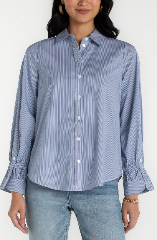 Adjustable Sleeve Button Front Woven Top- Blue White Stripe
