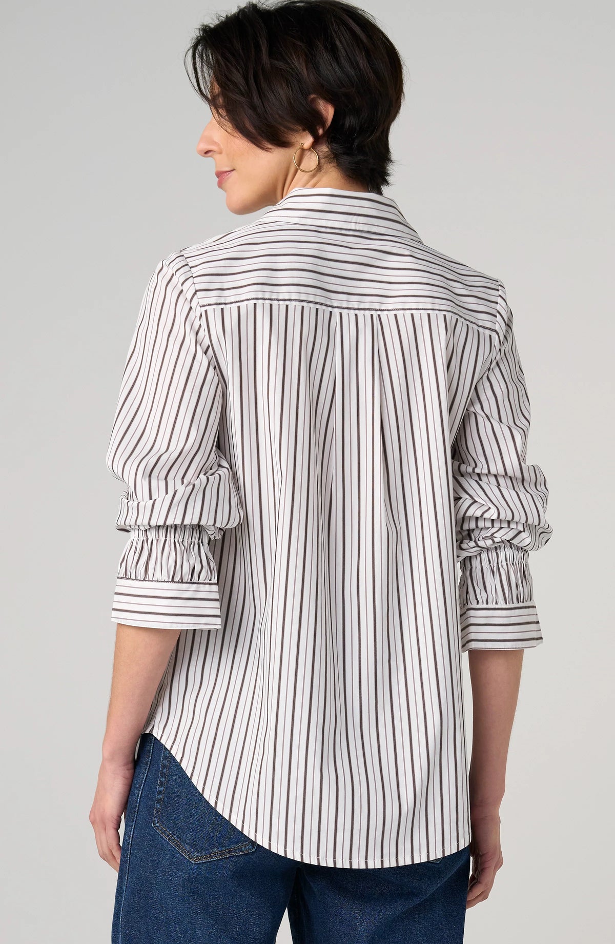 Adjustable Sleeve Button Front Woven Top Cream Dark Espresso