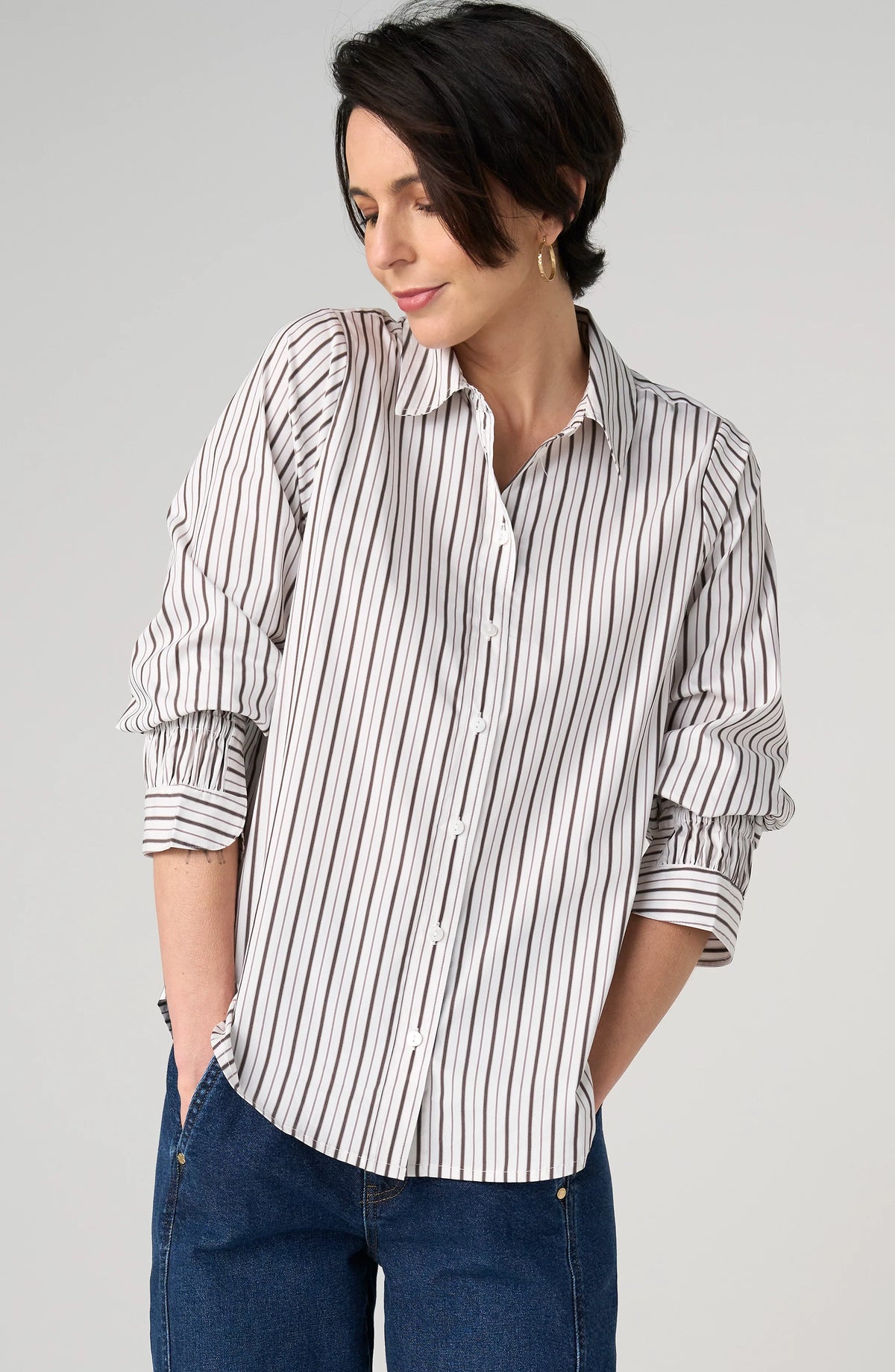 Adjustable Sleeve Button Front Woven Top Cream Dark Espresso