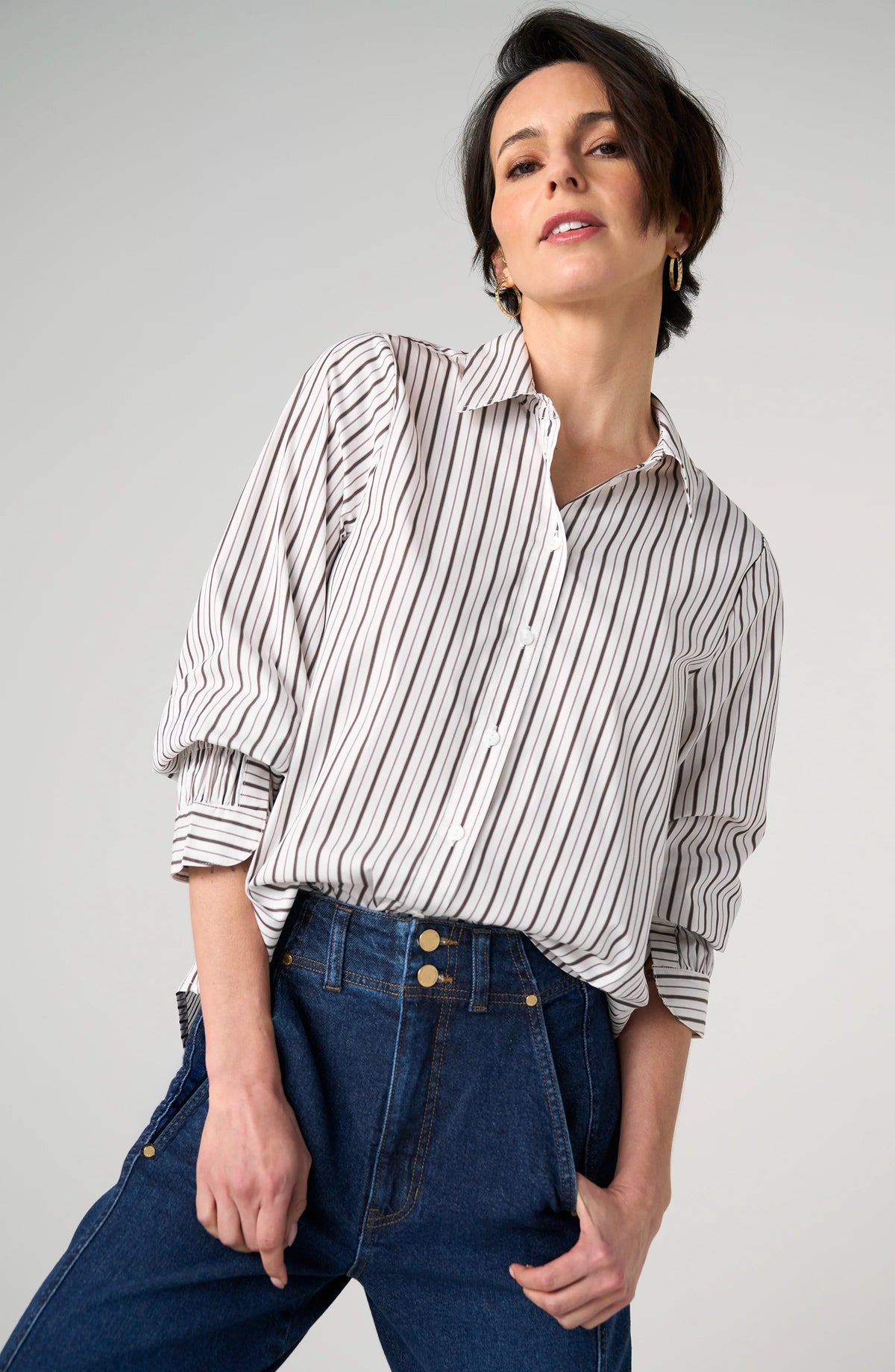 Adjustable Sleeve Button Front Woven Top Cream Dark Espresso