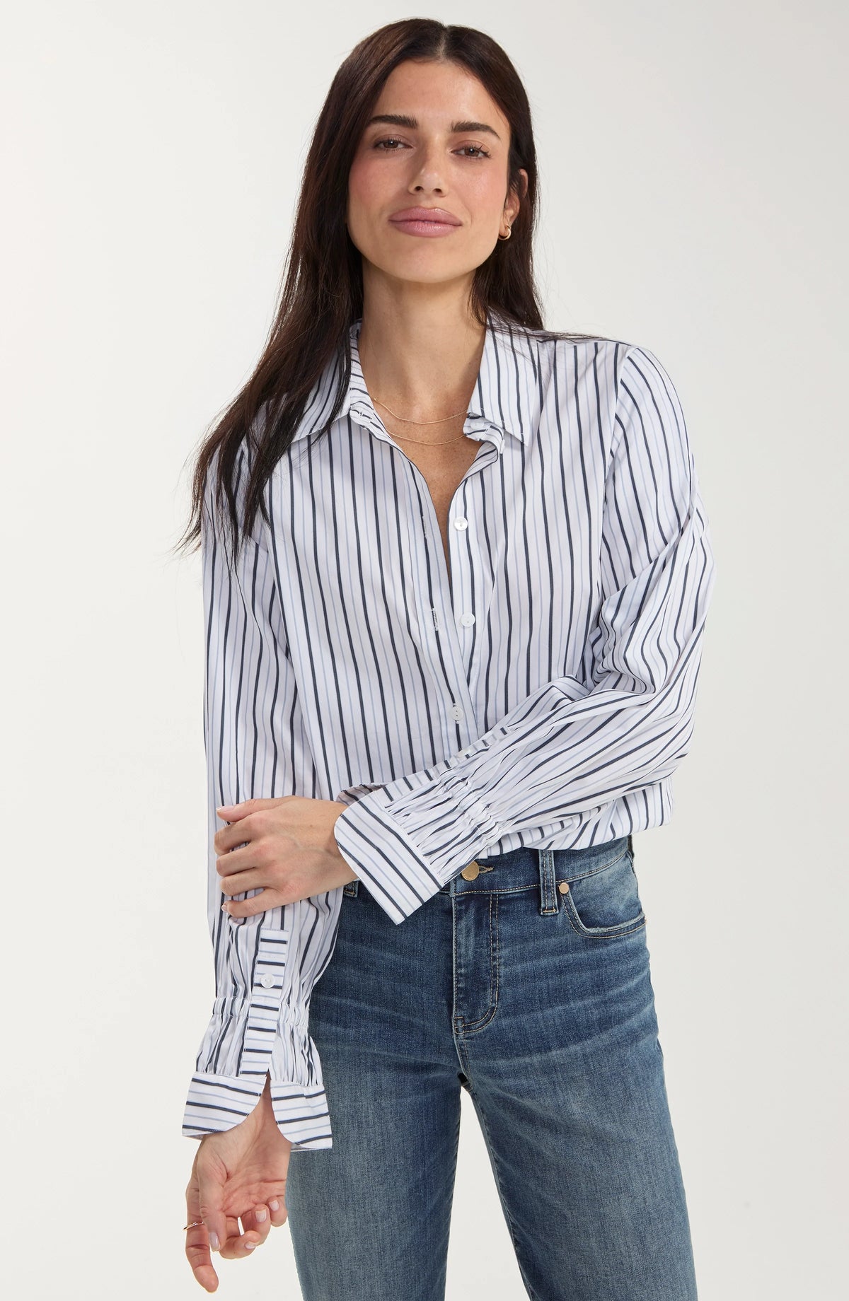 Adjustable Sleeve Button Front Woven Top - Navy