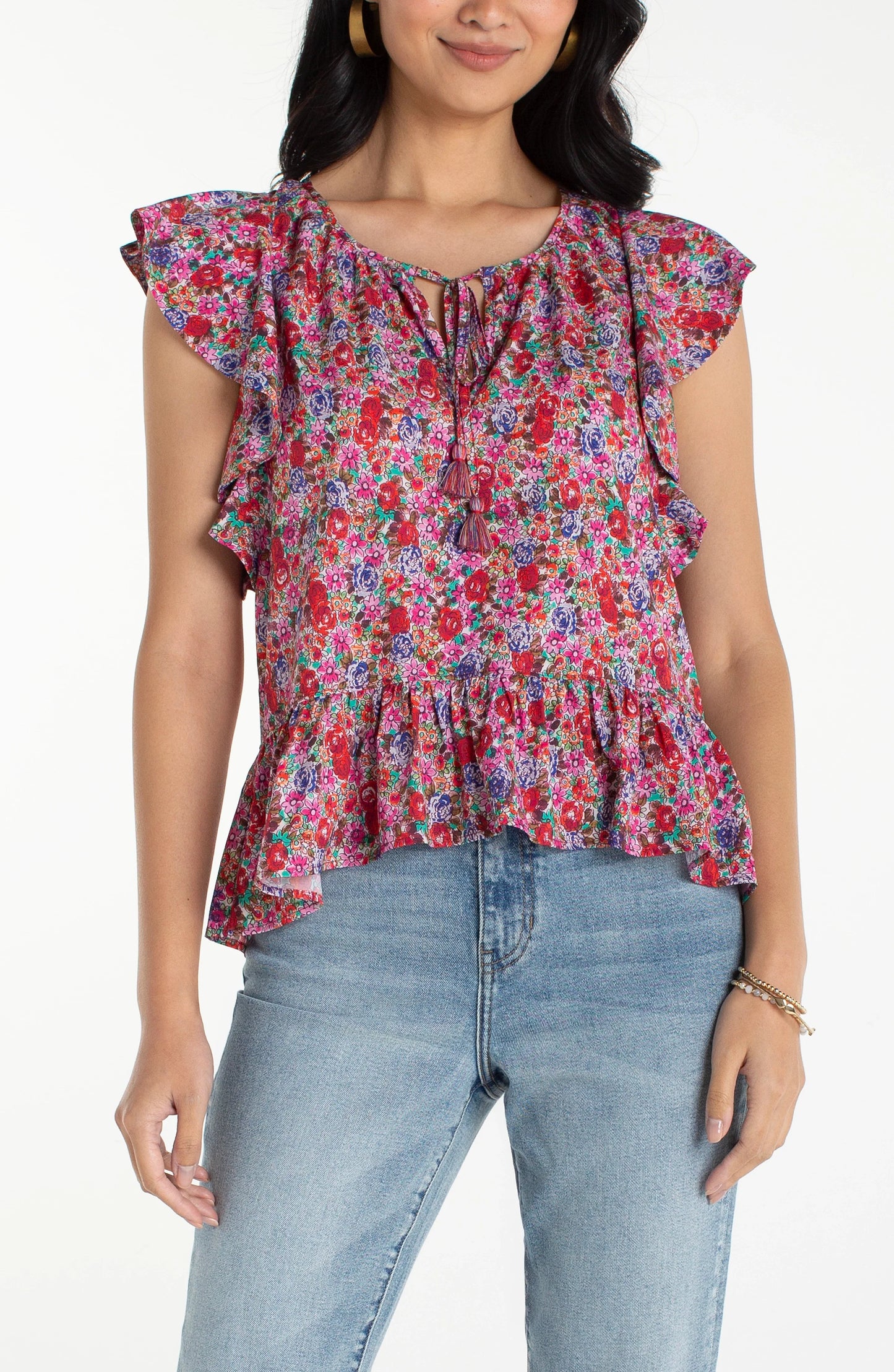 Flutter Sleeve Peplum Woven Top W/ Ties