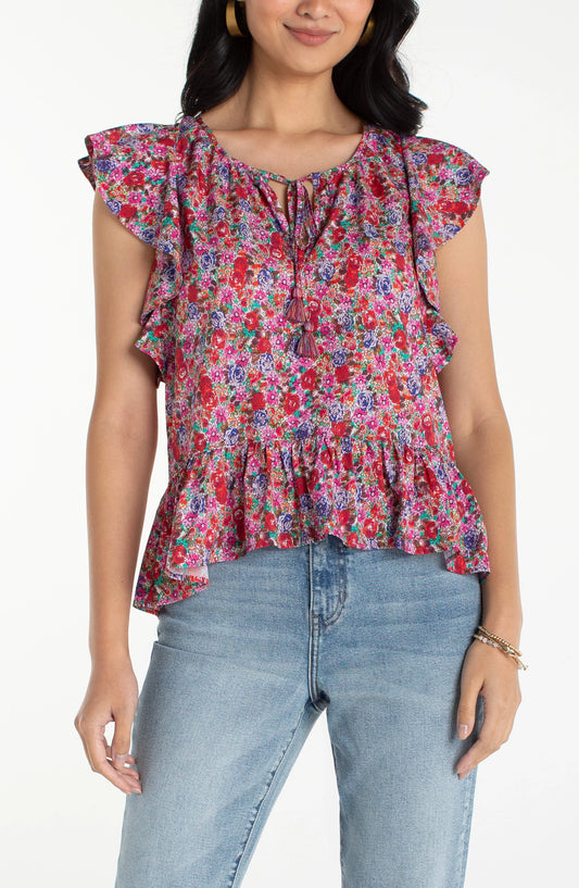 Flutter Sleeve Peplum Woven Top W/ Ties