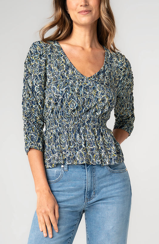 3/4 Ruched Sleeve V-neck Knit Top