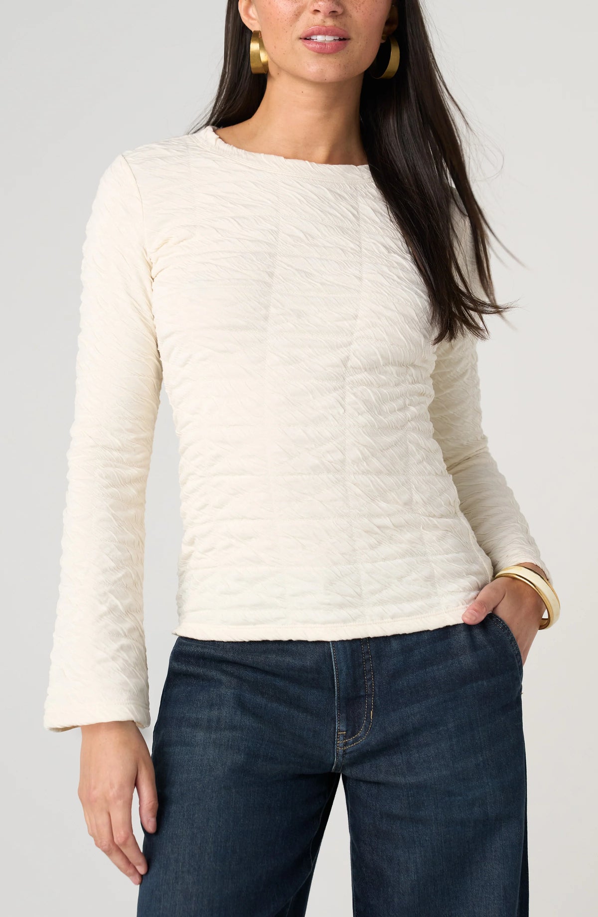 Long Flare Sleeve Crew Neck Knit Top Cream