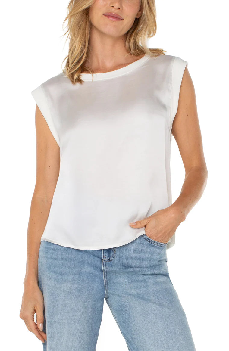 Sleeveless Woven to Knit Top Whipped Cream