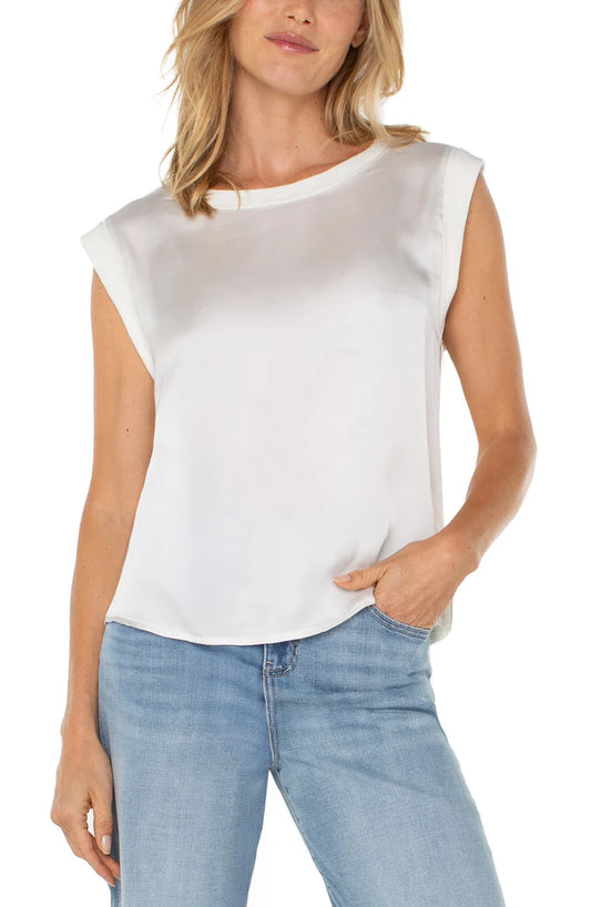 Sleeveless Woven to Knit Top Whipped Cream