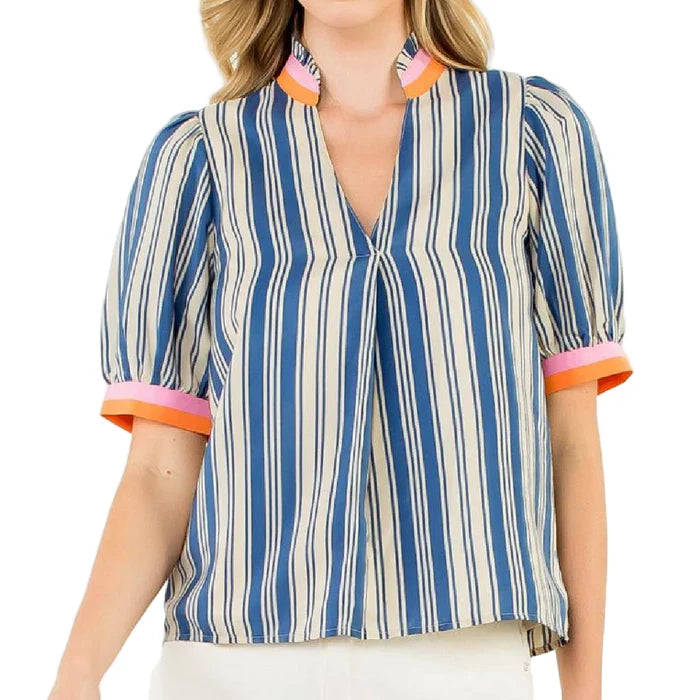V Neck Striped Top Collar Detail