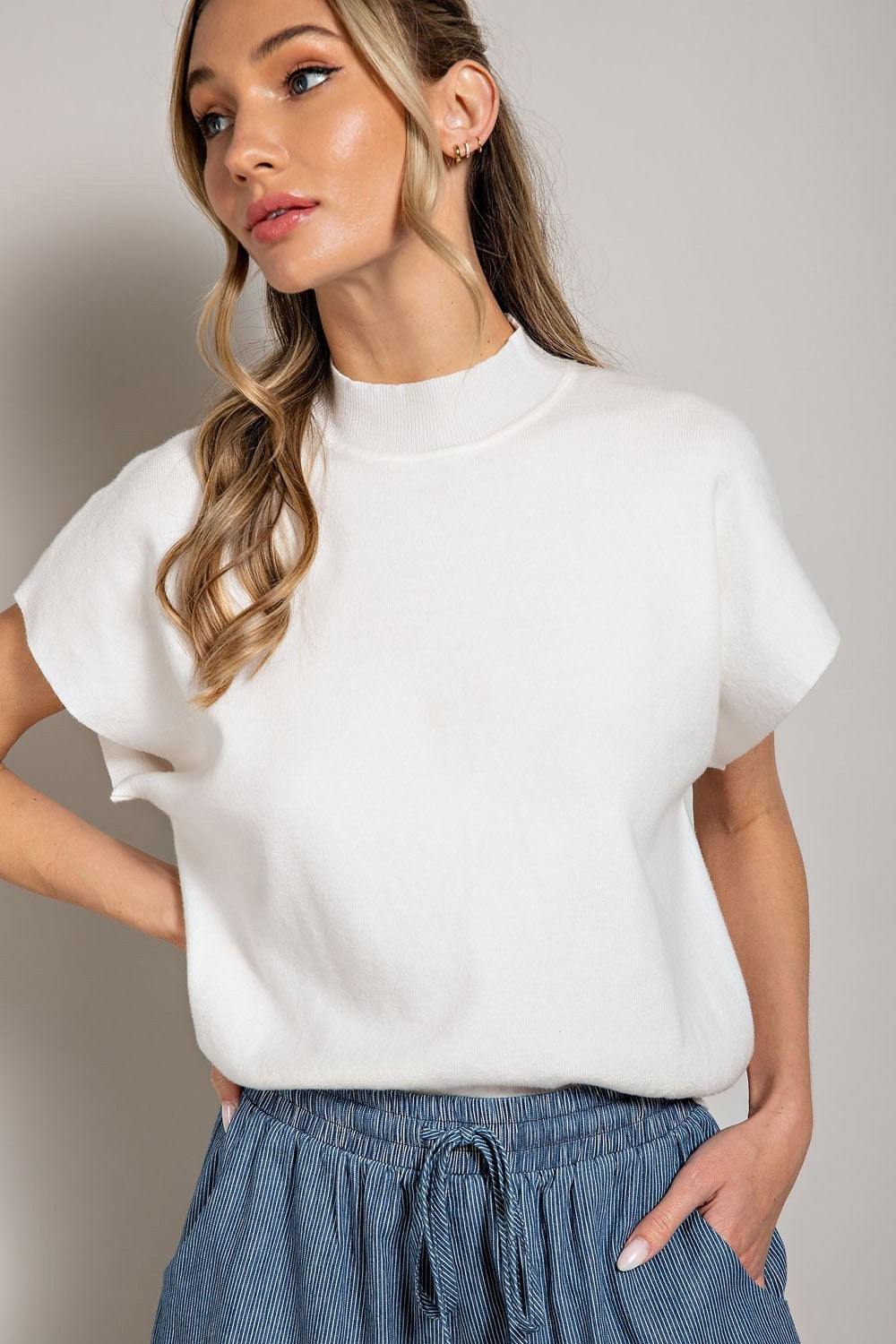 Mock Neck Short Sleeve Top Off White