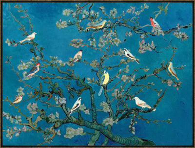 BIRDS IN THE ALMOND BLOSSOM (FRAMED LINEN)