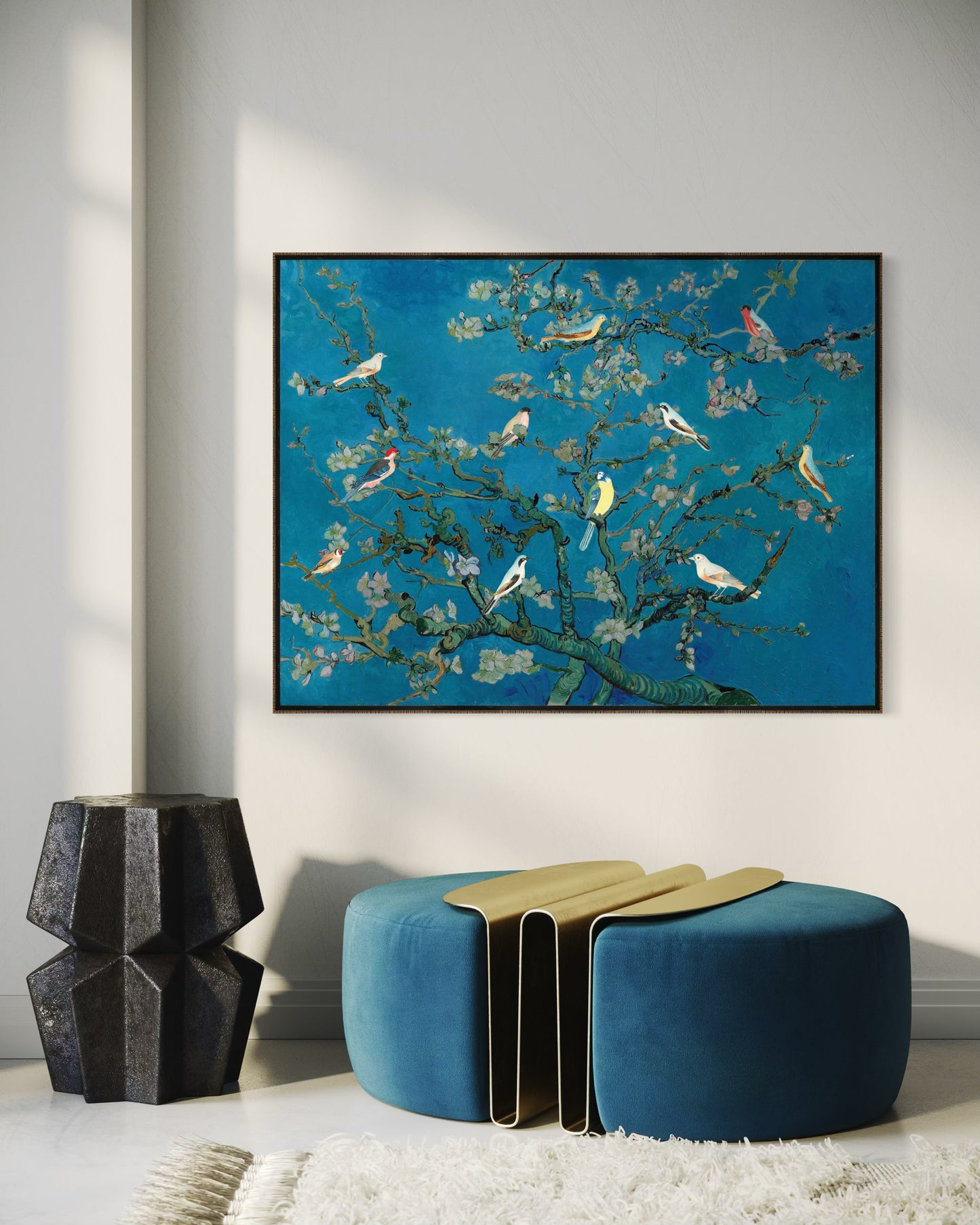 BIRDS IN THE ALMOND BLOSSOM (FRAMED LINEN)