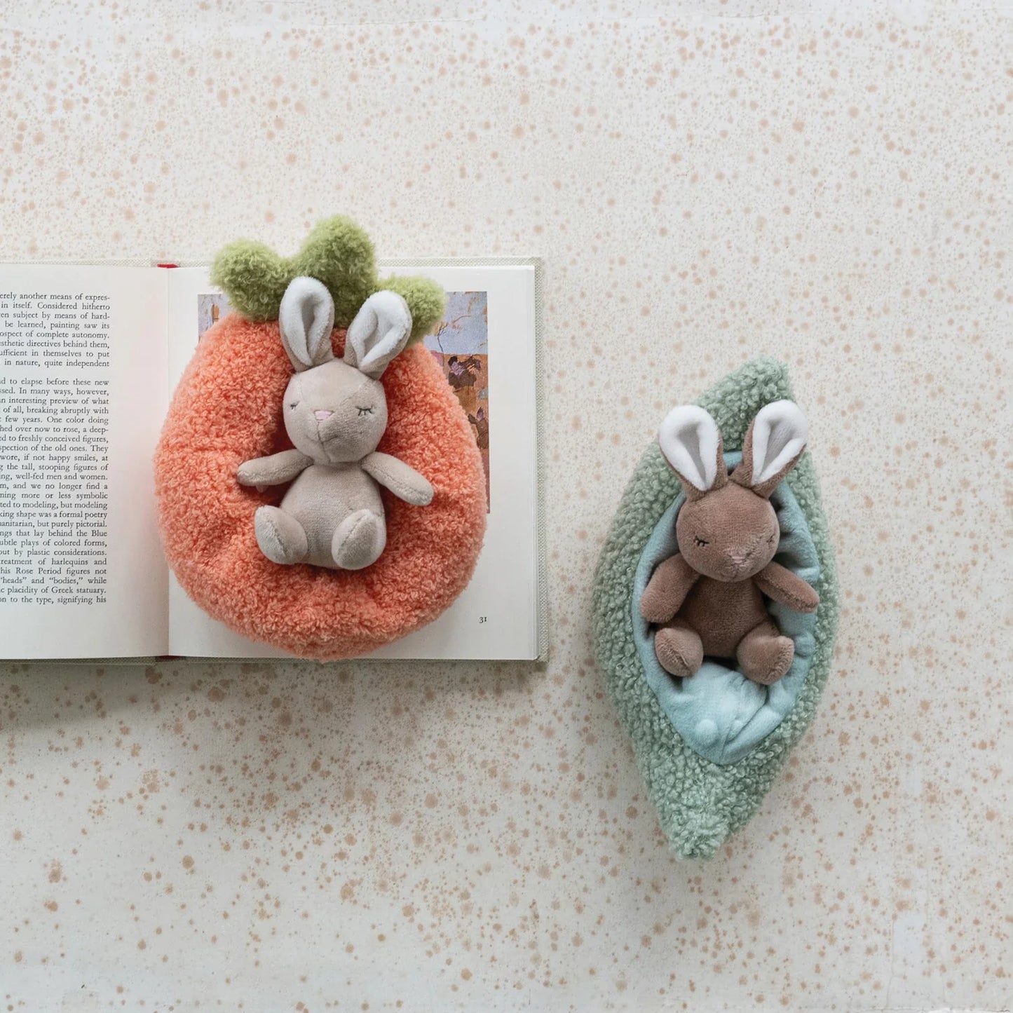 Plush Animal with Carrot/Pod Shaped Bed