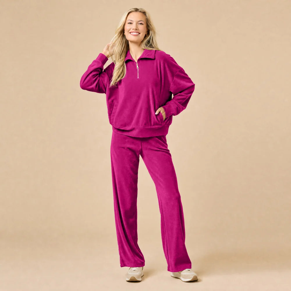 Serenity 1/4 Zip Top with Wide Pant Lounge Set- Magenta