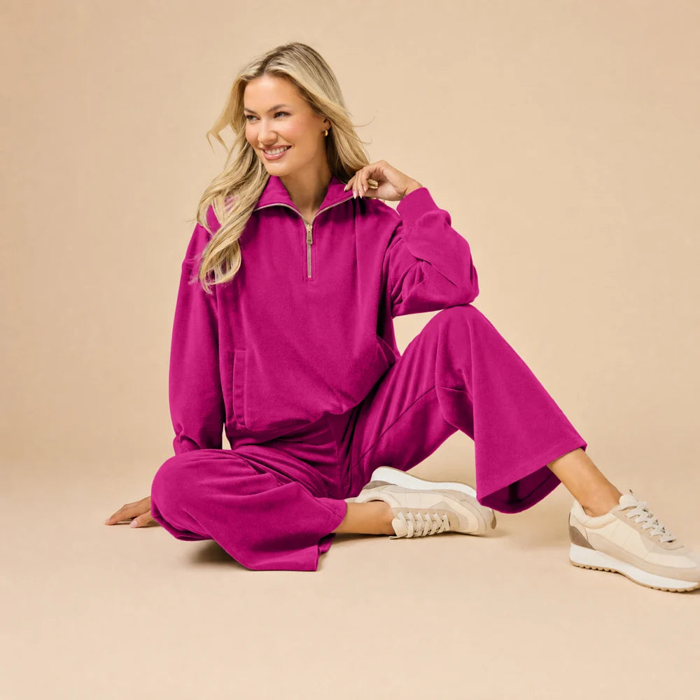 Serenity 1/4 Zip Top with Wide Pant Lounge Set- Magenta