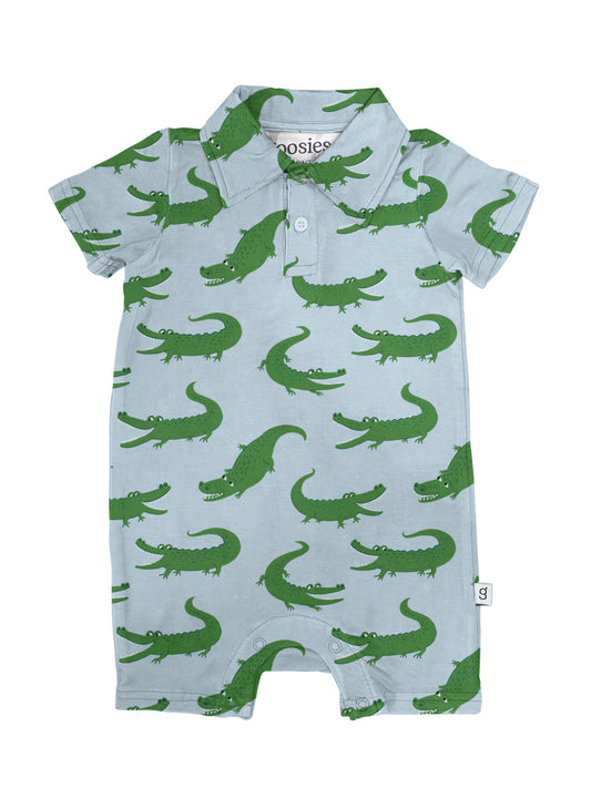 Short Sleeve Polo Romper - Blue Alligator