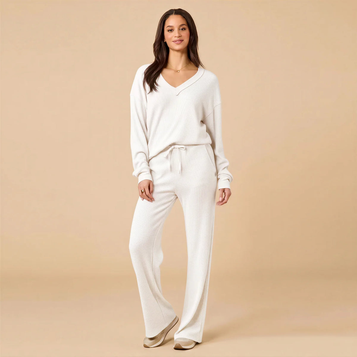 AirThermal Knit V-Neck with Raw Hem and Long Pant Almond
