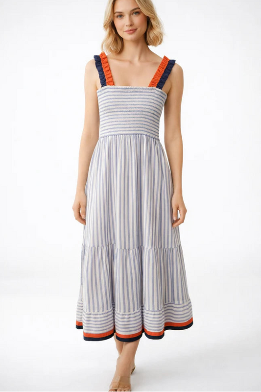Ruffled Striped Tiered Midi Dress