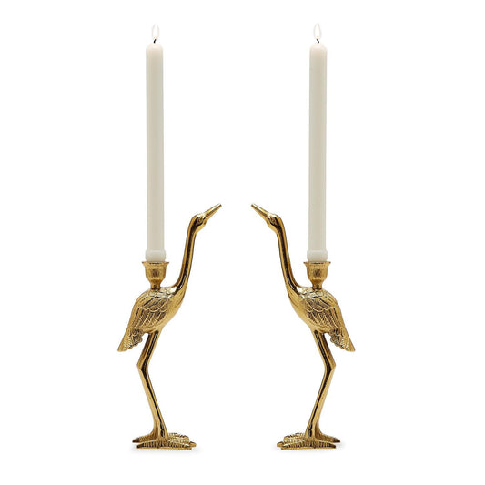Crane Candle Holder with Antiqued Gold Finish