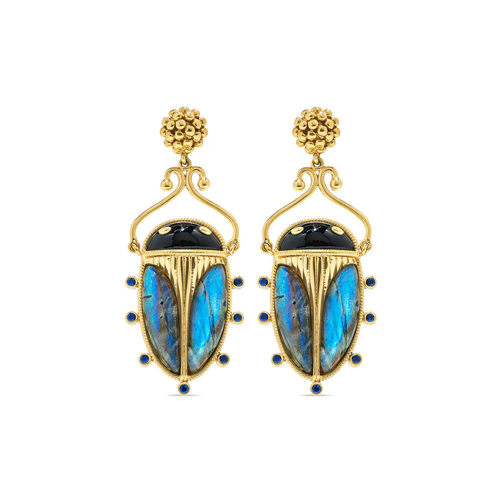 Scarab Berry Drop Earrings - Blue Labradorite/Black Agate