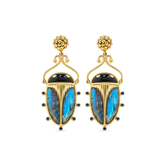 Scarab Berry Drop Earrings - Blue Labradorite/Black Agate