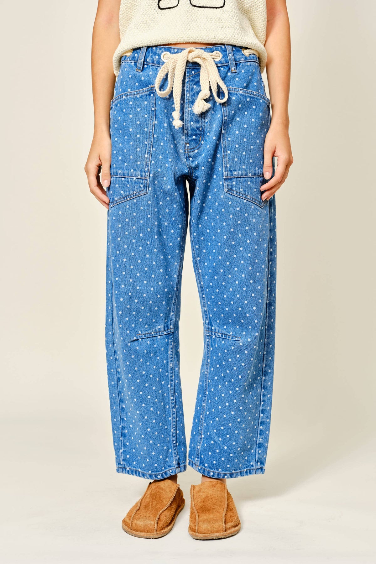 POLKA DOT DENIM BARREL PANTS